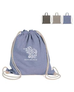 Kierrätetystä puuvillasta valmistettu kiristysnauhalaukku 38×42 cm. Kevyt ja ekologinen mainoslahja logopainatuksella.